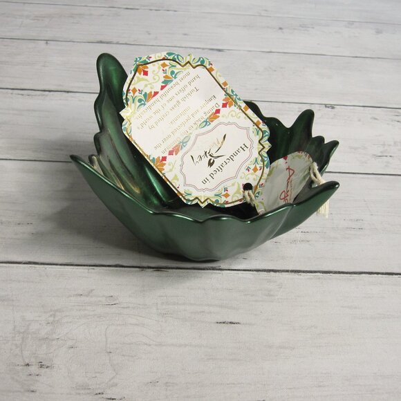 Anya Turkish Glass Bowl Candy Dish Green Autumn Leaf - Picture 1 of 5